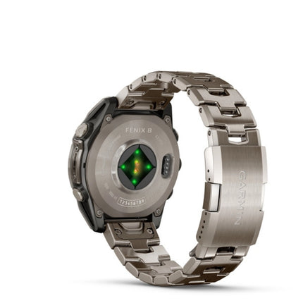 Garmin Fenix 8 Smartwatch, titanium with titanium bracelet, rear/back view showing sensor