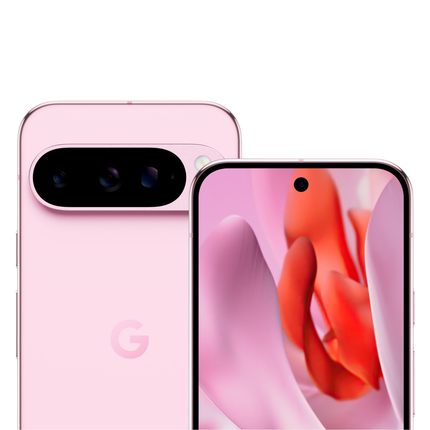 Google Pixel 9 Pro, pink, angled front and back view pair