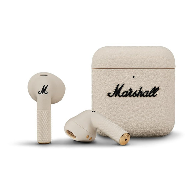 Marshall Minor IV True Wireless Earbuds, cream/ivory, earbud with charging case front view