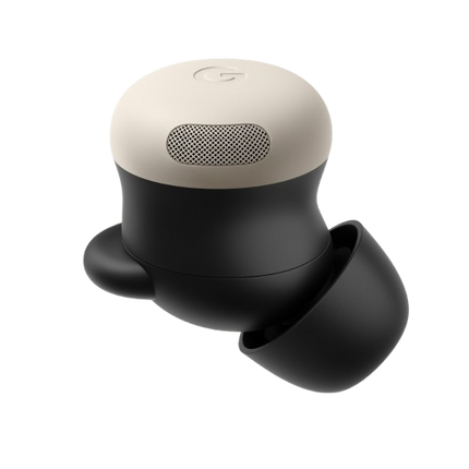 Google Pixel Buds Pro 2, beige/porcelain, single earbud angled close-up view