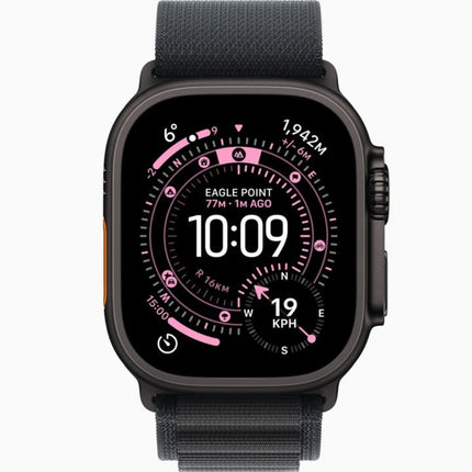 Apple Watch Ultra 3 49mm, black titanium with black trail loop, front display on alternate face