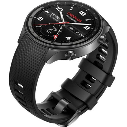 OnePlus Watch 3, black case with black band, angled front view showing watch face