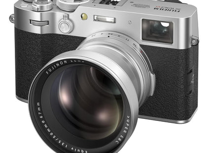 Fujifilm X100VI, silver/black, front close-up angled view with lens prominent