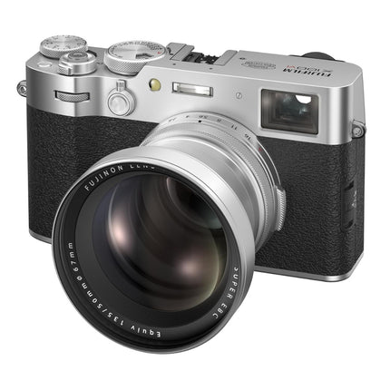 Fujifilm X100VI, silver/black, front close-up angled view with lens prominent