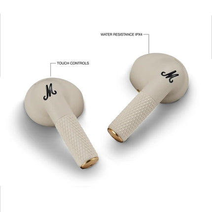 Marshall Minor IV True Wireless Earbuds, cream/ivory, angled view with infographic callouts