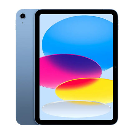 Apple iPad 11-inch (2025, 11th Gen), blue, front view with colorful wallpaper