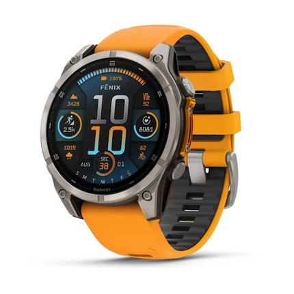 Garmin Fenix 8 Smartwatch, titanium/orange band, display on showing sport watch face