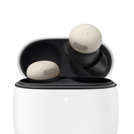 Google Pixel Buds Pro, porcelain/white-beige, earbud in charging case with lid open