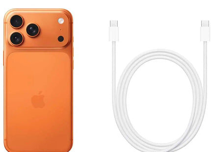 Apple iPhone 17 Pro Max, orange, box contents card: phone and USB-C cable