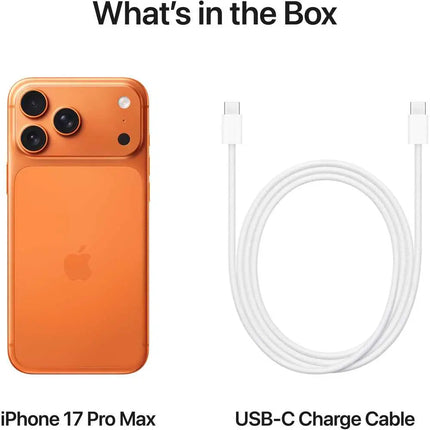 Apple iPhone 17 Pro Max, orange, box contents card: phone and USB-C cable