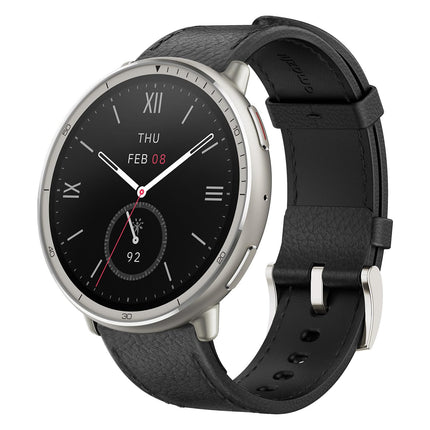 Amazfit Active 2, silver case with black leather band, angled front view showing watch face