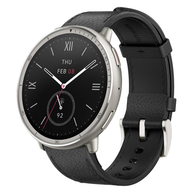 Amazfit Active 2, silver case with black leather band, angled front view showing watch face