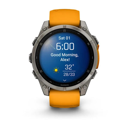 Garmin Fenix 8 Smartwatch, titanium/orange band, display on showing weather screen
