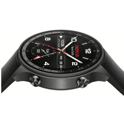 OnePlus Watch 3, black case with black band, angled side view showing profile and lugs