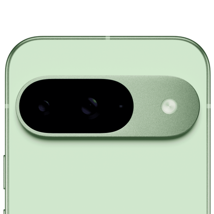 Google Pixel 9 5G, mint green, closeup of rear camera module angled