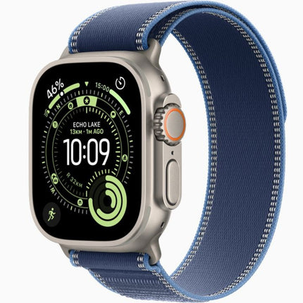 Apple Watch Ultra 3 49mm, natural titanium with navy trail loop, front display on