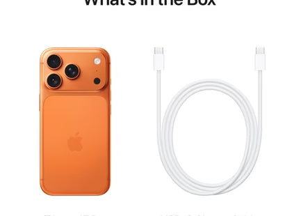 Apple iPhone 17 Pro, orange, box contents card: iPhone 17 Pro and USB-C charge cable