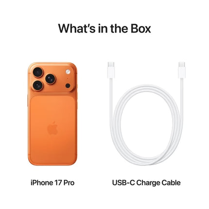 Apple iPhone 17 Pro, orange, box contents card: iPhone 17 Pro and USB-C charge cable