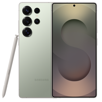 Samsung Galaxy S25 Ultra, titanium jade (green), front and back view with S Pen