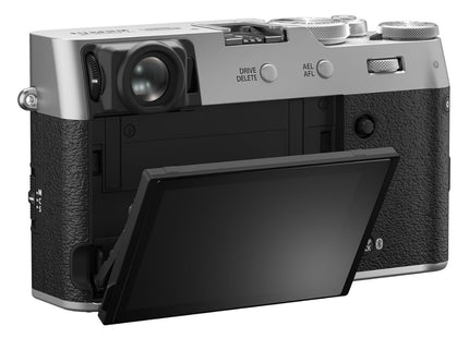 Fujifilm X100VI, silver/black, rear view with screen tilted down