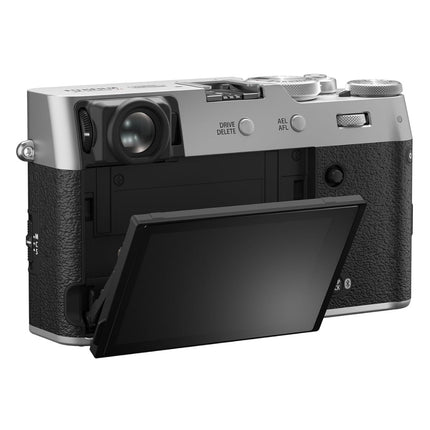 Fujifilm X100VI, silver/black, rear view with screen tilted down