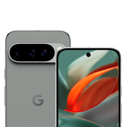 Google Pixel 9 Pro, hazel/green-gray, angled front and back view pair
