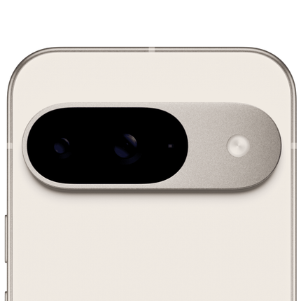 Google Pixel 9 5G, porcelain/white, closeup of rear camera module angled