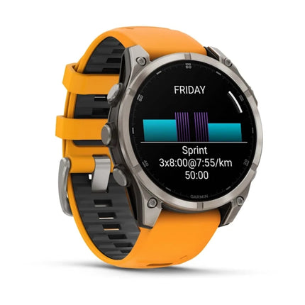 Garmin Fenix 8 Smartwatch, titanium/orange band, display on showing training data