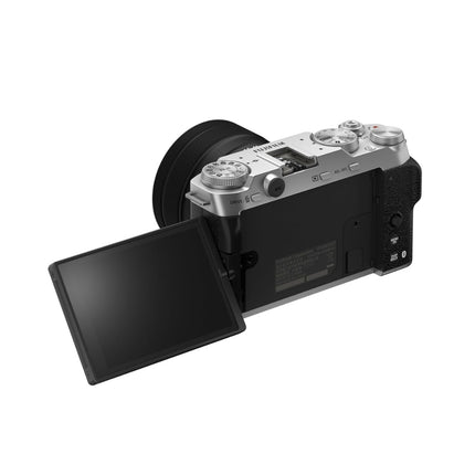 Fujifilm X-M5, silver, rear view with tilting screen flipped out