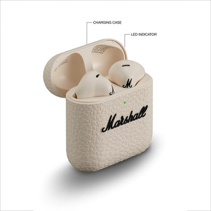 Marshall Minor IV True Wireless Earbuds, cream/ivory, earbuds in open charging case
