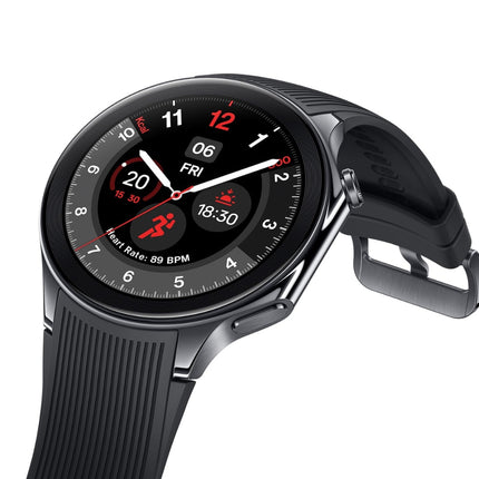 OnePlus Watch 3, black case with black band, angled front view showing sport watch face