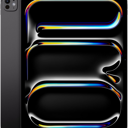 Apple iPad Pro 13-inch M4, space black, front view display on with abstract wallpaper