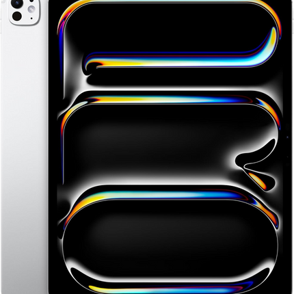 Apple iPad Pro 13-inch M4, silver, front view display on with abstract wallpaper