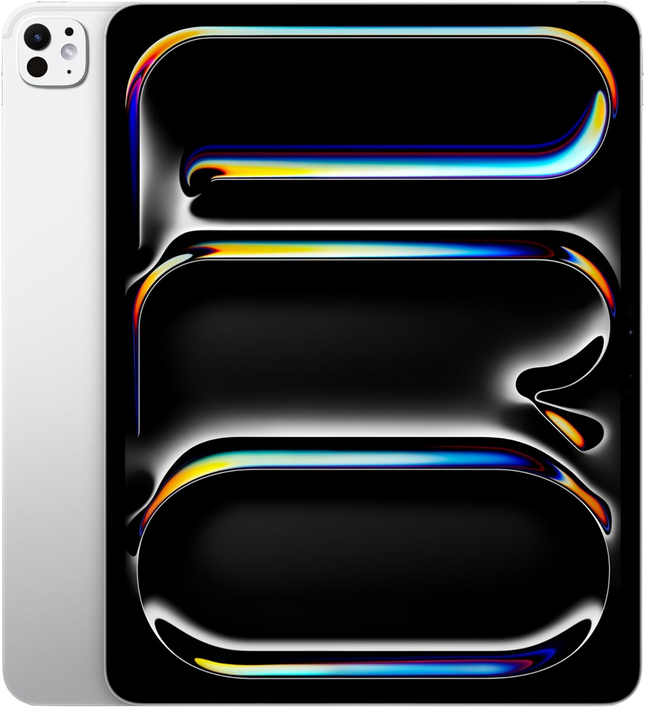 Apple iPad Pro 13-inch M4, silver, front view display on with abstract wallpaper
