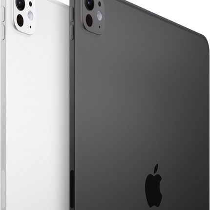 Apple iPad Pro 13-inch M4, silver and space black, rear angled view showing two units