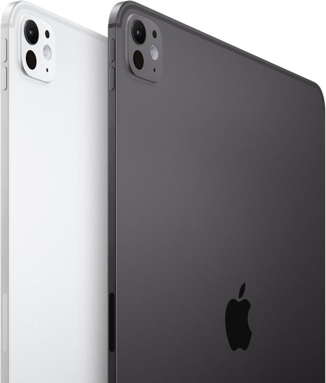 Apple iPad Pro 13-inch M4, silver and space black, rear angled view showing two units