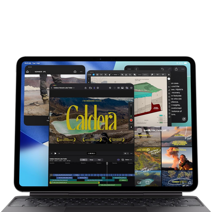 Apple iPad Pro 13-inch M4, space black, with Magic Keyboard attached, angled lifestyle view