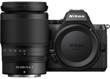 Nikon Z5 II with 24-200mm f/4-6.3 lens, black, front view with lens attached