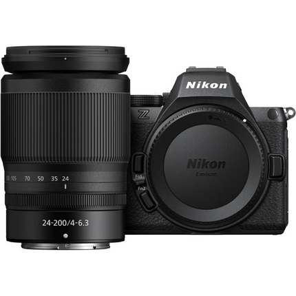 Nikon Z5 II with 24-200mm f/4-6.3 lens, black, front view with lens attached