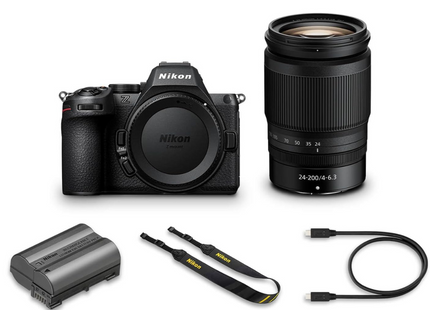 Nikon Z5 II with 24-200mm f/4-6.3 lens, black, angled top view with lens