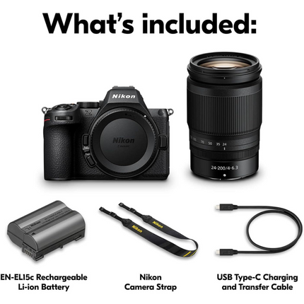 Nikon Z5 II with 24-200mm f/4-6.3 lens, black, angled top view with lens
