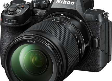 Nikon Z5 II with 24-200mm f/4-6.3 lens, black, front angled view with lens