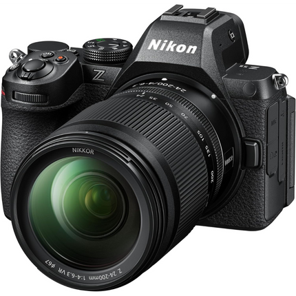 Nikon Z5 II with 24-200mm f/4-6.3 lens, black, front angled view with lens
