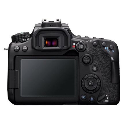 Canon EOS 90D DSLR Camera, black, rear view showing LCD and controls