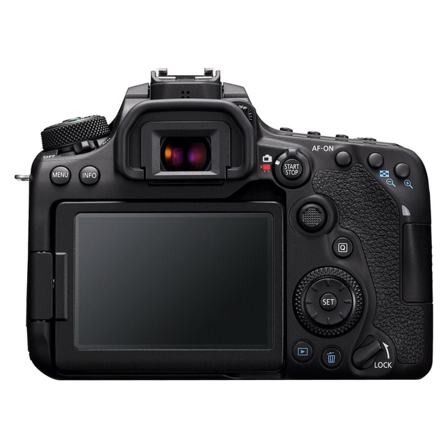 Canon EOS 90D DSLR Camera, black, rear view showing LCD and controls