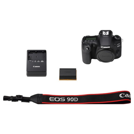 Canon EOS 90D DSLR Camera, black, box contents flat lay with accessories