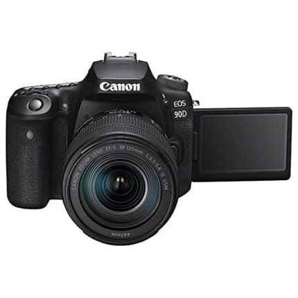 Canon EOS 90D DSLR Camera, black, front angled view with tilting LCD extended