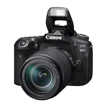 Canon EOS 90D DSLR Camera, black, front angled view with flash raised, lens attached