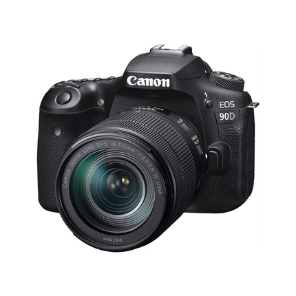 Canon EOS 90D DSLR Camera, black, front angled view with 18-135mm lens