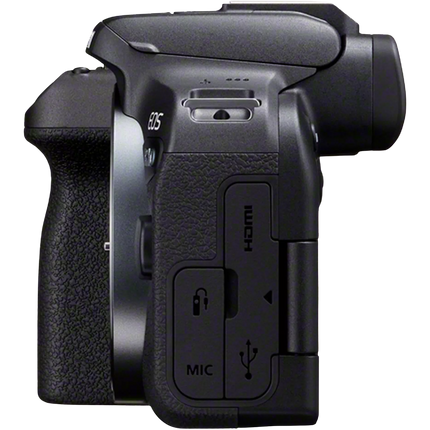 Canon EOS R10, black, left side view showing ports and MIC jack